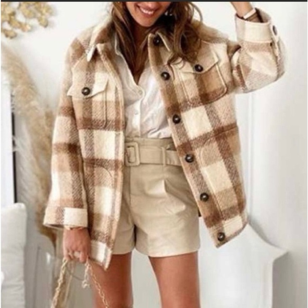 Sezane Alda Brown and Cream Plaid Jacket FR 36/US 4 - Picture 4 of 15